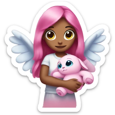 angel from stich in pink with a plushee in her hands sticker