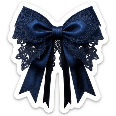 Edit the image to depict a blue gothic bow with lace details, dark blue accents, tiny skull charms, and black velvet ribbons. The background should be removed. Maintain a gothic style with intricate lace and dark blue tones. sticker