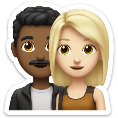 blonde girl with white boy with black hair and a mustache sticker