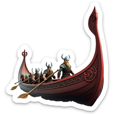 detailed-cinematic-viking-longboat, rendered in a flat, bold vector style with minimal shading, featuring a striking dragon-headed prow slicing through waters. shields on the side and vikings rowing The longboat’s, the boat has carved motifs evoke a sense of epic adventure and Nordic might, with billowing sails catching a dramatic, stormy sky backdrop. sticker