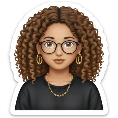 Mixed girl /curly long hair brown / with black eyes glasses black sweat shirt middle part flat earring and small thin gold chain  sticker