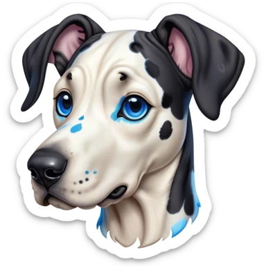 Cinematic Cute Harlequin Great Dane Portrait Emoji, Head tilted playfully and inquisitively, featuring a glossy coat of predominantly white with dynamic black patches, round, sparkling blue eyes filled with gentle curiosity, Simplified yet irresistibly adorable features, highly detailed, glowing with a warm, friendly glow, high shine, affectionate and gentle, stylized with a touch of whimsy, bright and endearing, soft glowing outline, capturing the essence of a mischievous yet loving pup, so playful it feels like it could lumber out of the screen and into your arms! sticker