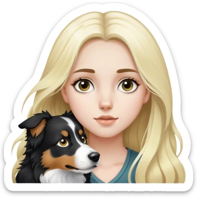 pale girl with light eyes and long blonde hair and black white Australian shepherd. sticker