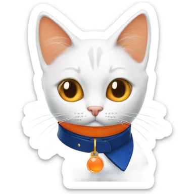 white and orange cat with dark blue collar with orange pendant sticker
