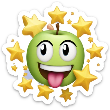 A classic apple emoji, tongue out and mouth wide open on a smile, dizzy eyes, and swirling stars around their head. Tilted 45 degrees sticker