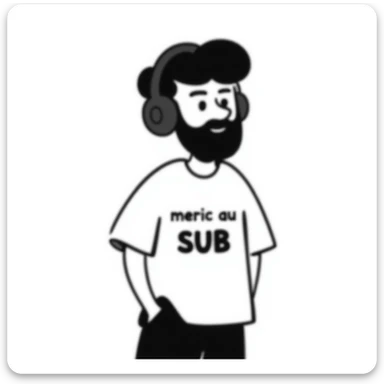 A person with black hair, brown eyes, and a black beard wearing a gaming headset saying "merci au SUB" sticker