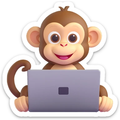 cute cartoon monkey using a laptop, smiling sticker