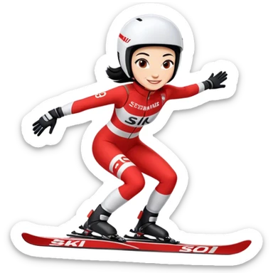 Ski racer downhill squat woman red white dress with the name Stephanie on the dress Ski Head lettering black hair smile sticker