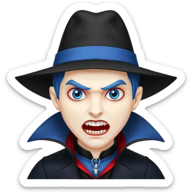 Vampire with blue hat ,black coat with read collared ,teeth looks like vampire with aggression on face and a full body. sticker