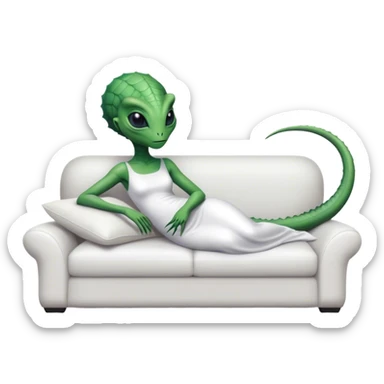 a reptilian alien woman, in white dress, lie on couch comfy, full figure sticker