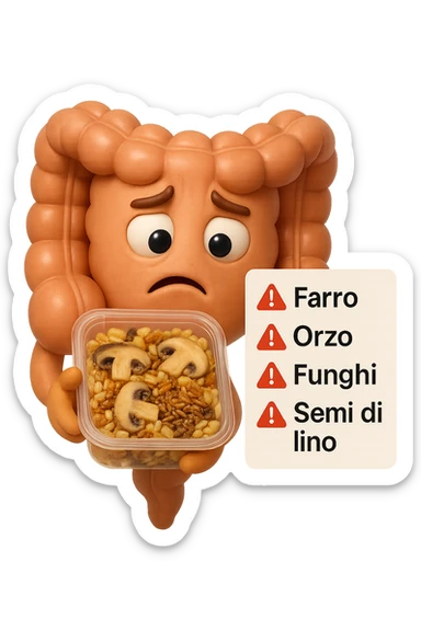 SU QUESTO STILE FAI UN EMOJI STILE IPHONE 3D DI UN INTESTINO CHE HA IN MANO UN insalata di farro mista CONFEZIONATa DA SUPERMERCATO E LEGGE L'ETICHETTA NUTRIZIONALE CON GLI INGREDIENTI IN ITALIANO, ACCANTO ALL'insalata CHE HA IN MANO C'è UN FOCUS SULL'ETICHETTA CON GLI INGREDIENTI SCRITTI, "Farro, orzo, funghi, semi di lino" accanto ad ogni nome scritto mettici un segnale di allarme, FAGLI UN ESPRESSIONE CONFUSA MENTRE LEGGE E FALLO MOLTO REALISTICO IN 3D sticker