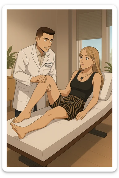 fai un webtoon/manga a colori con questo kinesiologo in camice bianco (fagli la scritta "ANTONIO ANANIA" SUL CAMICE) CHE SVOLGE UN TEST NEUROMUSCOLARE SOLLEVANDO UNA GAMBA ALLA RAGAZZA CHE è STESA SU UN LETTINO BIANCO. STANZA SEMPLICE E MODERNA, DURANTE IL TEST I DUE DIALOGANO TRA LORO. NON FARE I FUMETTI, FAI SOLO LORO COME SE DIALOGASSERO sticker