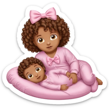 Brown skin 6 month old baby with brown curly hair down laying down with satin baby pink onesie and white bow sticker