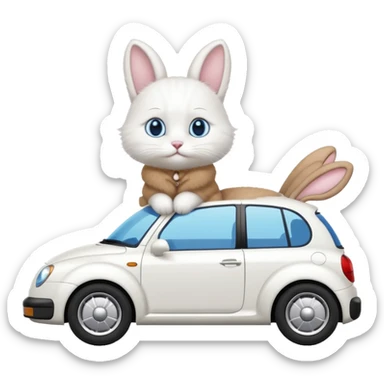 Please create a small emoji the size of 🚗 featuring a pure white cat with bunny tail (not ears) with blue eyes on a white saloon car viewed from side. Again it is necessary that the emoji must be extremely small, much smaller than a standard sized sticker. sticker