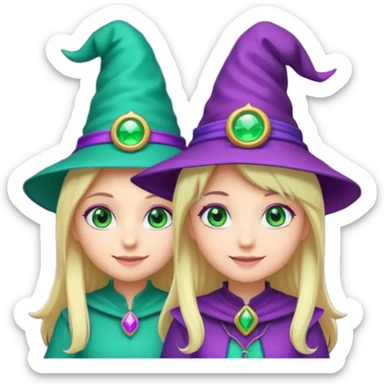 Make a blonde girl with green glowing headset on with teal eyes and a purple haired girl with green eyes waering a purple wit hes hat haveing fun , make them a chibi emoji page sticker