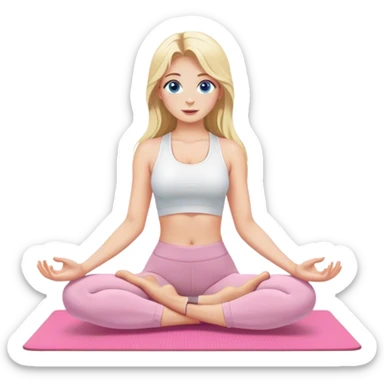 Cinematic realistic blonde with long hair and blue eyes, dressed in a white top and khaki leggings, does yoga on a pink mat sticker