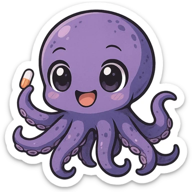 cute small anime kraken with wide, excited eyes, holding a tiny amphetamine pill, darknet and drugs theme sticker