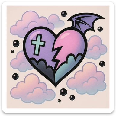 pastel goth heart with pastel clouds and black pearls sticker