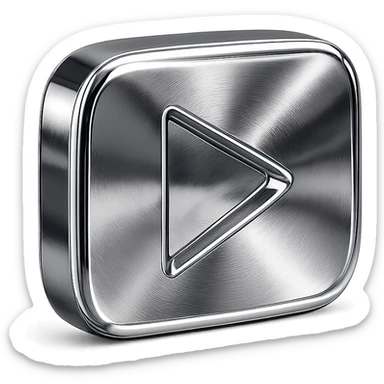 chrome style play button, highly reflective and metallic, smooth triangular shape sticker