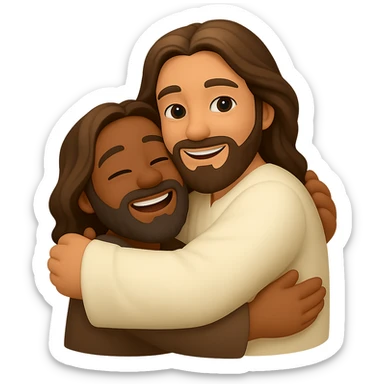 Create an emoji style image of Jesus hugging a person with eyes open, warm and inviting expression, transparent background. The style should resemble apple style emojis but with editing support, focusing on warmth and invitation. sticker