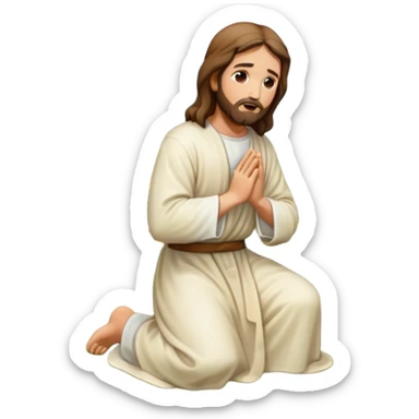 Jesus kneeling to pray in a garden, reverent mood, emoji style sticker