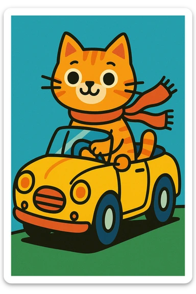 a cute cat with a scarf in a yellow convertible, whimsical illustration sticker