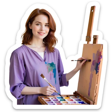 Serene female oil painter, Caucasian features, shoulder-length auburn hair, soft brown eyes, gentle smile, wearing a violet painter’s smock lightly stained with paint over a beige blouse, holding a wooden palette with vibrant colors in one hand and a brush in the other, waist-up, front-facing sticker