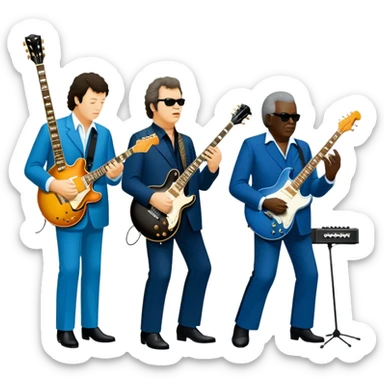 Icon for Blues Music: close-up collage of legendary blues artists. Gary Moore, Eric Clapton, B.B. King and Joe Cocker. Represented by silhouettes or symbolic items like guitars, microphones, or music notes, reflecting the soulful energy of blues music. Transparent background. sticker