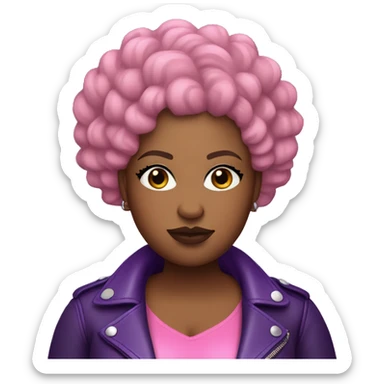 Plus size black woman with bald short pink curly hair and a purple leather biker jacket with makeup on face. sticker