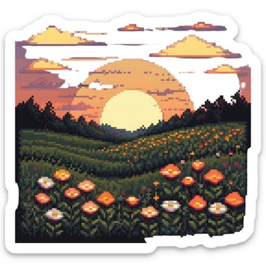sunset over a meadow with flowers sticker