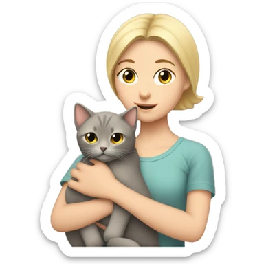 blonde girl with short hair holds a gray fold-eared cat in her arms sticker