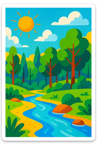 Summer landscape with a forest, a river, and lush greenery, vibrant and colorful sticker