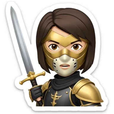 Brunette sword fighting assassin with a mouth mask and black and gold armour sticker