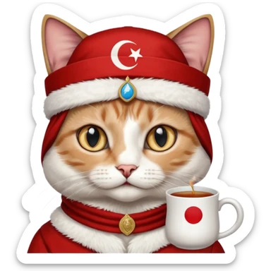 Arkasında Türk bayrağı olan  ve çay içen kafasına fes takan bir van kedisi sticker