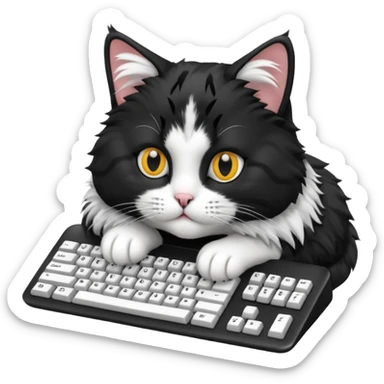 black and white cat laying on computer keyboard sticker