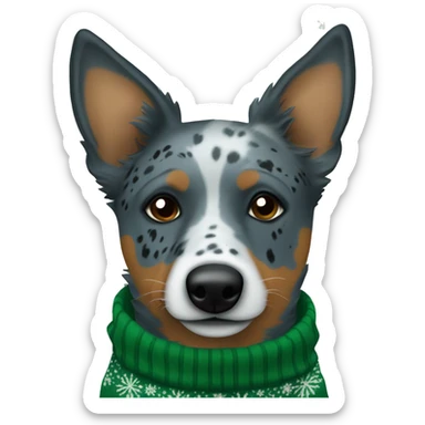 Blue heeler dog with one black spot on left eye in a green Christmas sweater sticker