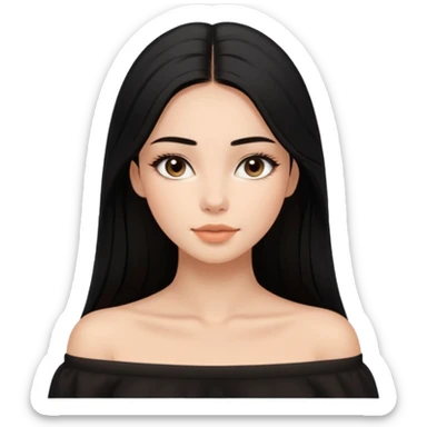 A realistic 3D avatar of a young woman with a soft oval face, slim cheeks, natural almond eyes, long straight black hair, minimal makeup, wearing a black off-shoulder top, elegant and aesthetic, tanned skintone. sticker
