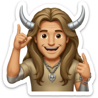 Long haired guy throwing up metal horns sticker