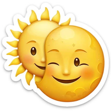 a really bright  big sun and a small moon who shines because of it. the sun is bigger and the tiny \moon bright too beside it smiling looking at each other sticker