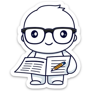 precise pencil character with glasses checking a document as a pedant mascot sticker