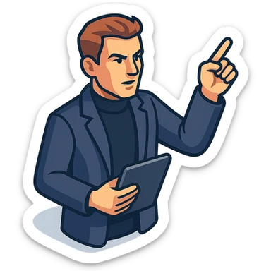 Bold and charismatic male leader, Caucasian, short auburn hair, sharp eyes, wearing indigo coat over black turtleneck, one arm raised giving direction, holding a tablet, waist-up sticker