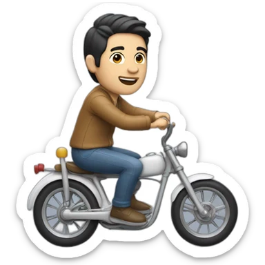 white skin men with short black hair riding a funny and miniature toy bike sticker