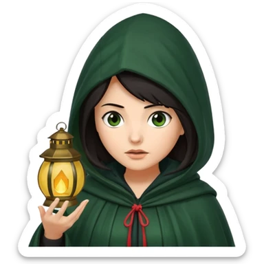 traitor tv show, dark haired woman wearing dark green cloak with hood up who looks very evil, is holding up a lantern, and is tilting her head down sticker