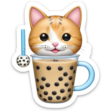 cat drinking bubble tea, cat with happy face and bubble tea, blue background sticker