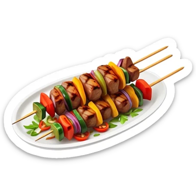 Cinematic Realistic Shish Kebab Dish Emoji, showcasing skewered, grilled meat with vibrant vegetables rendered with dynamic textures and warm, inviting lighting. sticker