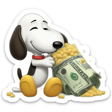 Rolled up dollar bill, held by snoopy in his paw hand pressed against his snout leaning over a pile of sugar and sniffing a pile of sugar through the dollar sticker