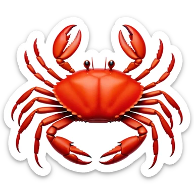 Cinematic Noble Red Crab Portrait Emoji, Poised and commanding, with a sturdy, angular exoskeleton of vivid scarlet red and sharply defined pincers, deep-set, intense eyes on stalks, Simplified yet sharp and sophisticated features, highly detailed, glowing with a soft, oceanic glow, high shine, intelligent and formidable, stylized with an air of coastal authority, focused and alert, soft glowing outline, capturing the essence of a watchful crustacean guardian that appears ready to scuttle out of the screen with determined power! sticker