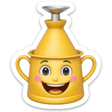 Crazy laughing emoji on upside-down kitchen funnel on its head (not a hat), wide smile, big eyes, cartoon emoji style, bright colors. sticker