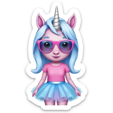 head and shoulders portrait of a friendly anthropomorphised female unicorn in tutu and pink t-shirt, wearing dark sunglasses, blue and silver color scheme sticker