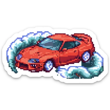 Toyota Supra drifting, pixel art style, smoke effects, dynamic pose, arcade racing game vibe sticker